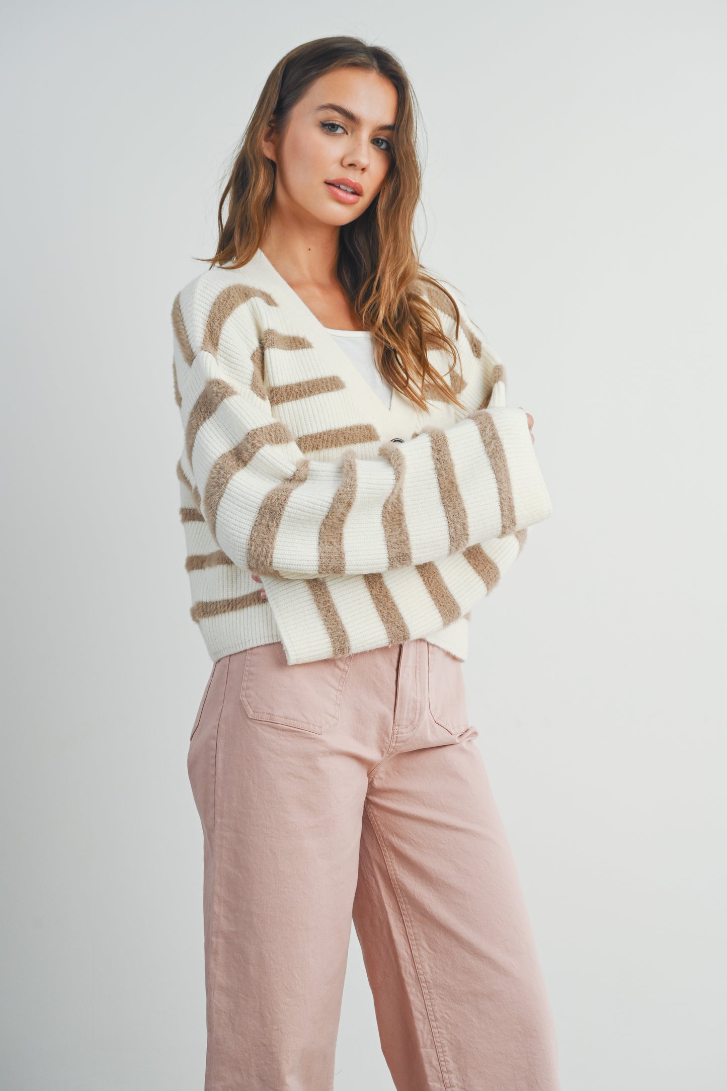 Taupe Striped Cardigan