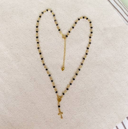 Black Rosary Crystal 18k Gold Filled Necklace