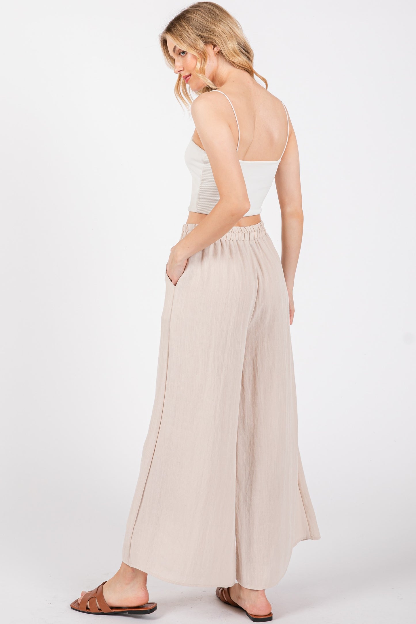 Cream Washed Wide Pants