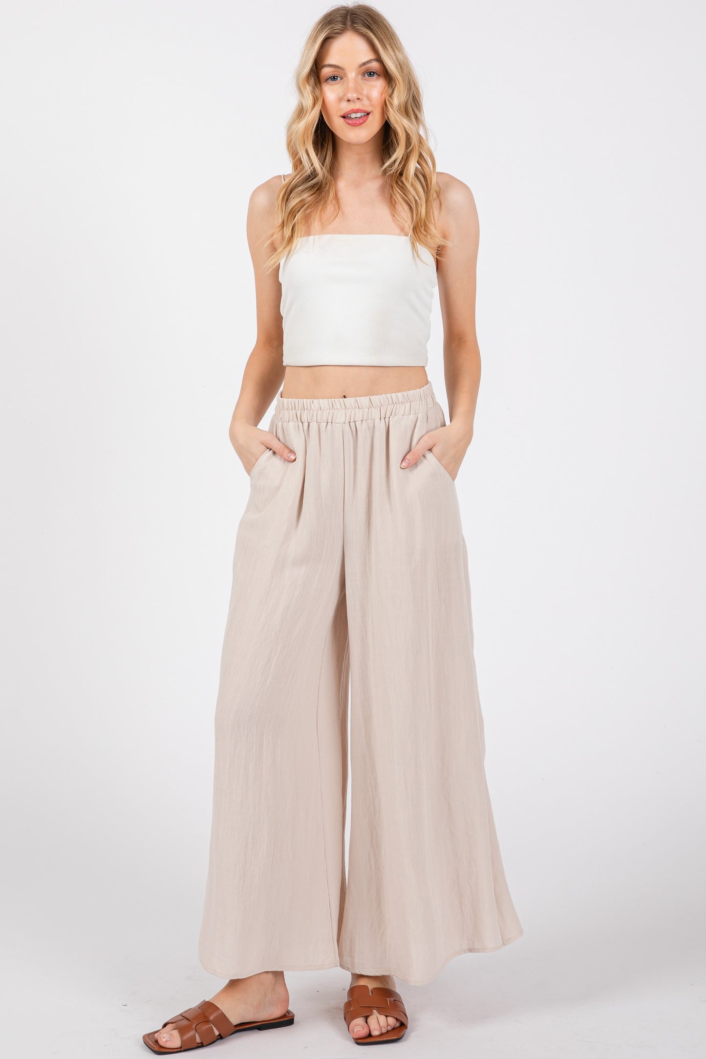 Cream Washed Wide Pants