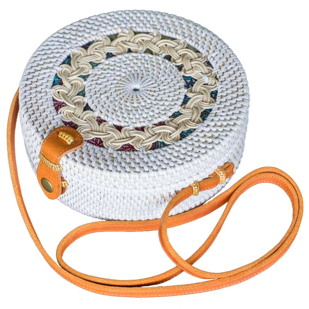 Round Ata Rattan Bag (White Braided)